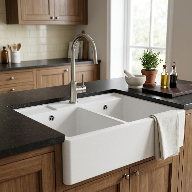 GraniteMy Farmhouse dubbele landelijke gootsteen granieten spoelbak 80x63 cm wit tussenbouw en onderbouw 1208957290